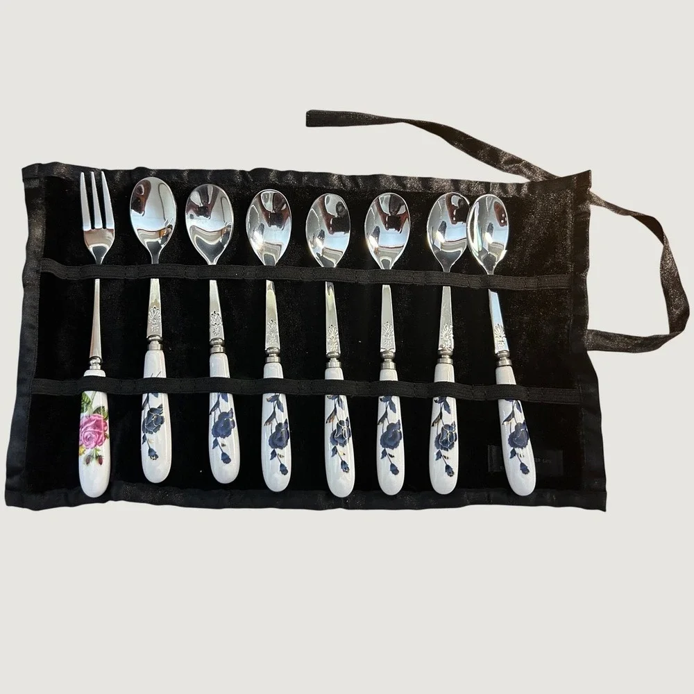$50.43 8 Stainless 18/10 Tea Spoons & fork Dessert Spoons Floral Design Ceramic